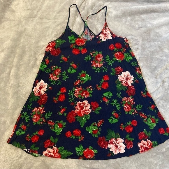 Ambiance Navy Floral Print Spaghetti Racerback Strap Babydoll Flowy Trapeze Dres - Picture 1 of 8